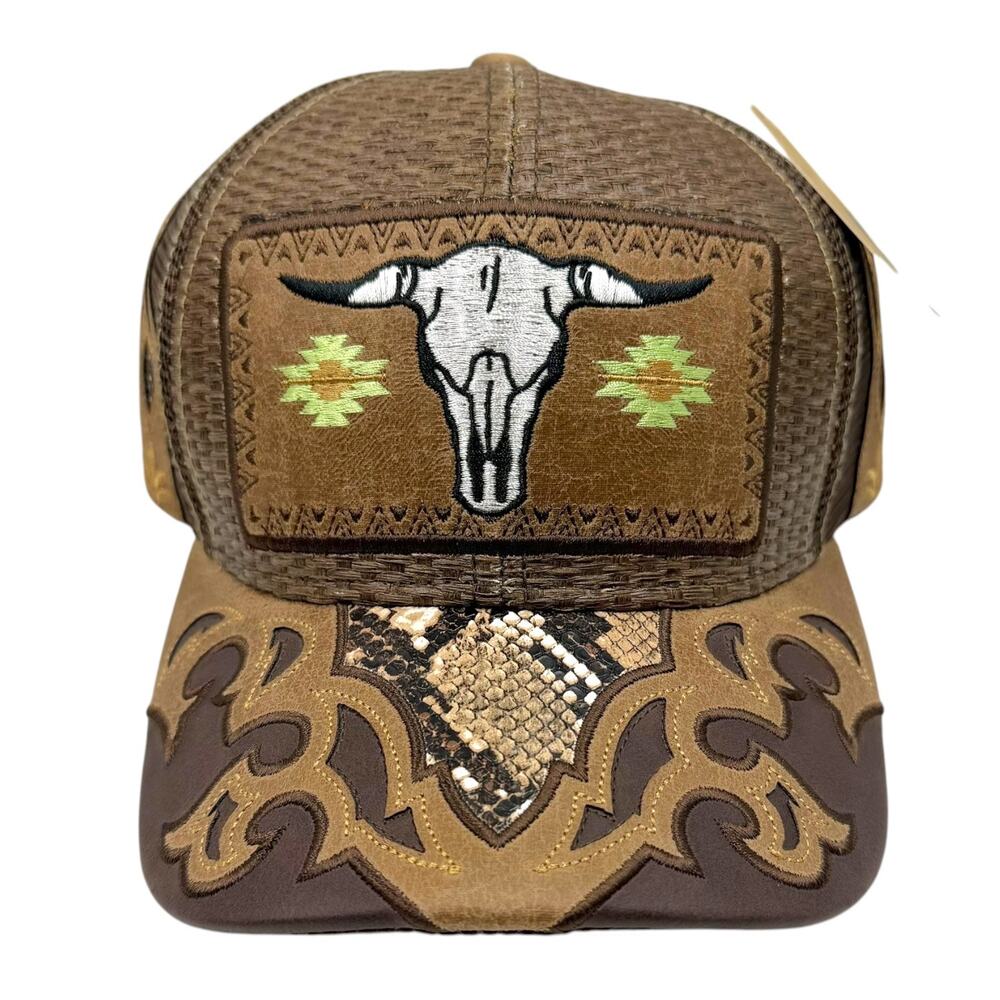 Pitbull Premium Headwear Hat Mens Brown Western Bull Skull Trucker Mesh Cap NWT